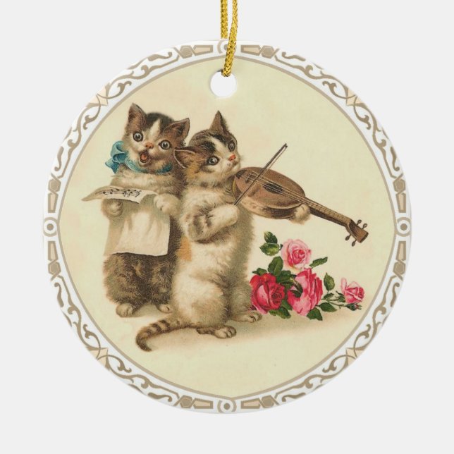 Ornamento De Cerâmica Dois gatinhos musicais cantam e jogam o violino (Frente)