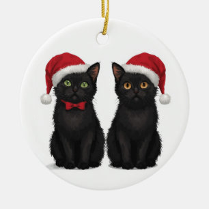 Ornamento De Cerâmica Dois gatinhos pretos com chapéu de Papai Noel no N