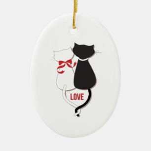 Ornamento De Cerâmica Dois Gatos Apaixonados, Vermelho, Preto, Corações