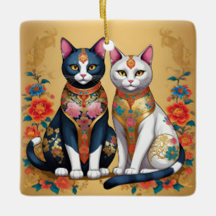 Ornamento De Cerâmica Dois gatos florais decorativos