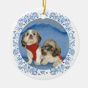 Ornamento De Cerâmica Dois Pequenos Cães Resgatados Shih Tzu