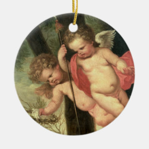 Ornamento De Cerâmica Dois querubins de voo, mantendo a coroa de