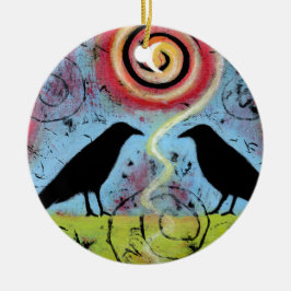 Ornamento De Cerâmica Dois Ravens Sentados e Refletem Whimsical