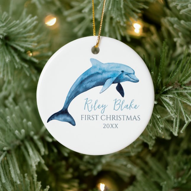 Ornamento De Cerâmica Dolphin Illustration Baby First Christmas (Árvore)