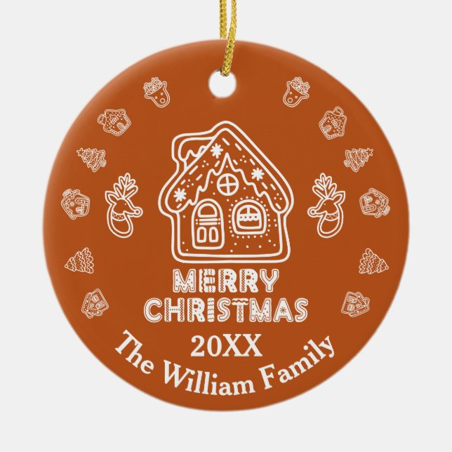Ornamento De Cerâmica Doodle Gingercake House|Nome da Família (Frente)