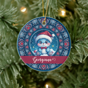 Ornamento De Cerâmica Dot do Urso Kawaii Personalizado de Natal Mandala