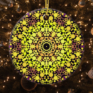 Ornamento De Cerâmica Dot Mandala Flor Amarelo Puro e Preto