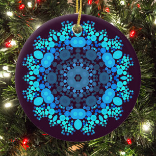 Ornamento De Cerâmica Dot Mandala Flor Azul e Roxo