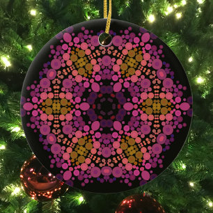Ornamento De Cerâmica Dot Mandala Flor Rosa Amarelo e Preto