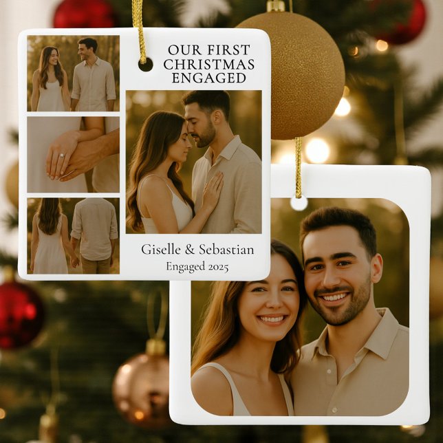 Ornamento De Cerâmica Double Sided First Christmas Engaged Photo (Criador carregado)