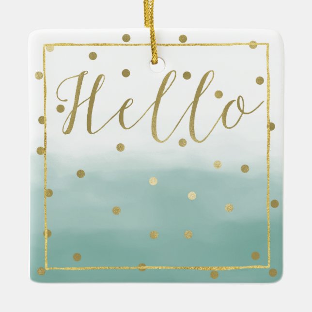 Ornamento De Cerâmica Dourada Confetti Mint Watercolor Hello (Frente)