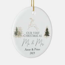 Ornamento De Cerâmica Dourada Elegante Aquarela Primeiro Natal Casado