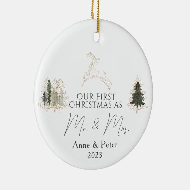 Ornamento De Cerâmica Dourada Elegante Aquarela Primeiro Natal Casado (Direito )