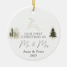 Ornamento De Cerâmica Dourada Elegante Aquarela Primeiro Natal Casado