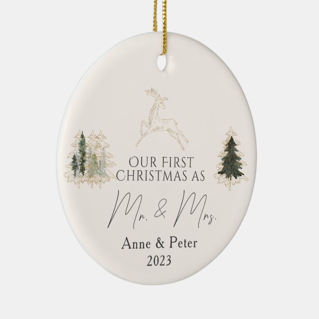 Ornamento De Cerâmica Dourada Elegante Aquarela Primeiro Natal Casado (Direito )