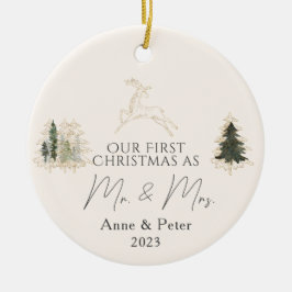 Ornamento De Cerâmica Dourada Elegante Aquarela Primeiro Natal Casado