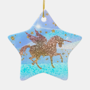 Ornamento De Cerâmica Dourada Estrelas Brilhantes Voando Unicorn Purple