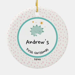 Ornamento De Cerâmica Dourada Folhagem Bebê Primeiro Natal Azul