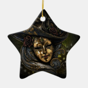 Ornamento De Cerâmica Dourada máscara de carnaval veneziana com chapéu