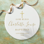 Ornamento De Cerâmica Dourada Signature Girl Baptism Christening<br><div class="desc">Apresentando o nome da assinatura do script do ouro. Personalize com seu batismo especial ou informações batizantes em letras de ouro cômico. Projetado por Thisnotme©</div>