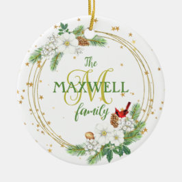 Ornamento De Cerâmica Dourada Wreath White Berries, Petunias e Cardeal