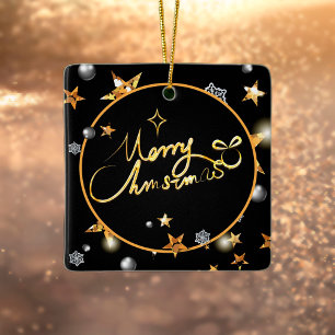 Ornamento De Cerâmica Douradas estrelas de metal preto modernas Feliz Na