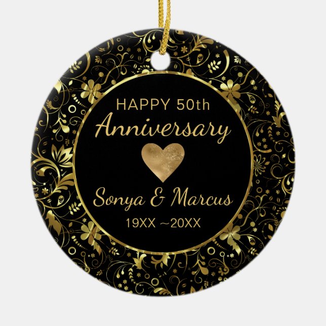 Ornamento De Cerâmica Dourado Damasco E Coração (Frente)