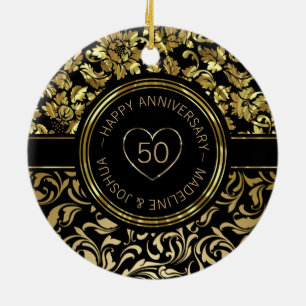 Ornamento De Cerâmica Dourado Damasco E Dourado - Corações Pretos