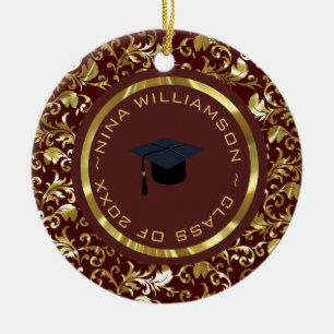 Ornamento De Cerâmica Dourado Damasco Floral E Boné