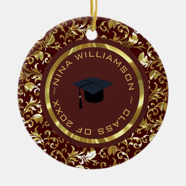 Ornamento De Cerâmica Dourado Damasco Floral E Boné (Frente)