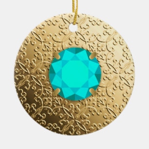 Ornamento De Cerâmica Dourado Damask com uma gemstone faux aquamarine