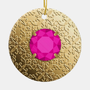 Ornamento De Cerâmica Dourado Damask com uma joia turmalina rosa