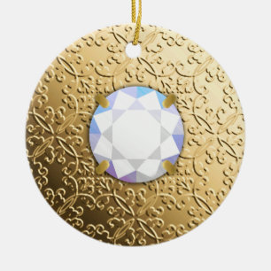 Ornamento De Cerâmica Dourado Damask com uma pedra de diamante falsa