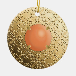 Ornamento De Cerâmica Dourado Damask com uma pedra preciosa de coral fal