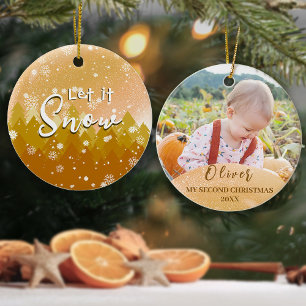 Ornamento De Cerâmica Dourado Deixem-no Neve Segunda Foto de Natal