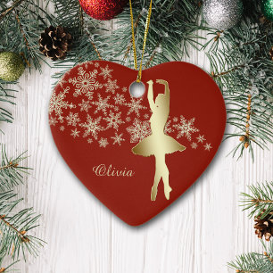 Ornamento De Cerâmica Dourado Floco de Neve Ballerina Vermelho Personali