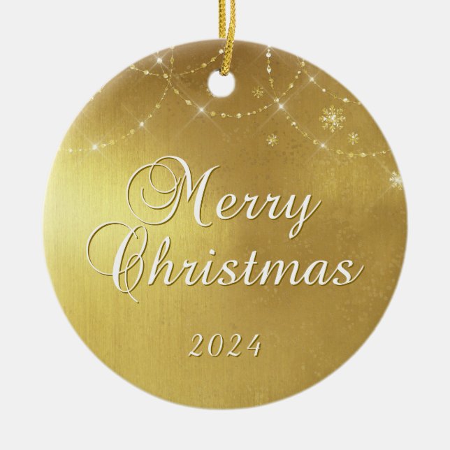 Ornamento De Cerâmica Dourado Glam Feliz Foto do Casal de Natal (Frente)