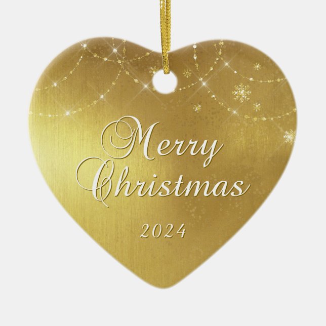 Ornamento De Cerâmica Dourado Glam Feliz Foto do Casal de Natal (Frente)