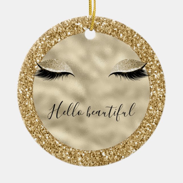 Ornamento De Cerâmica Dourado Glam Glitter Girly Eyelashes personalizado (Frente)