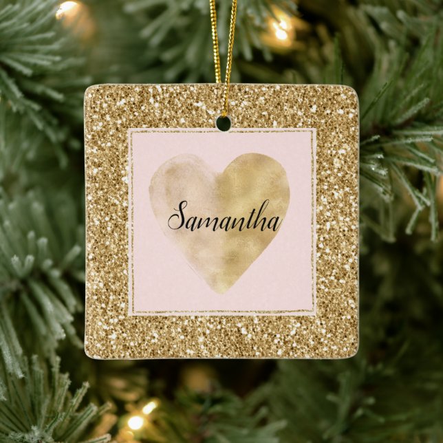 Ornamento De Cerâmica Dourado Glitz Glitter Heart Name (Árvore)