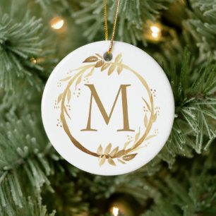 Ornamento De Cerâmica Dourado Natal Wreath Monograma e Foto da Família