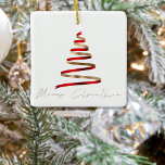 Ornamento De Cerâmica Dourado Roteiro de Foto de Árvore Vermelha Feliz N<br><div class="desc">Dourado Roteiro Vermelho Feliz Natal está em um estilo manuscrito de na moda e uma ilustração artística de uma simples árvore de Natal como fita está acima dele. Substitua a foto da amostra no verso por sua.</div>