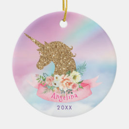 Ornamento De Cerâmica Dourado Unicórnio Coletor Rosa Personalizado e Fau