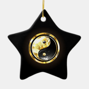 Ornamento De Cerâmica Dourado Yin Yang a preto