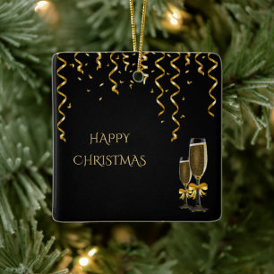 Ornamento De Cerâmica Dourados Streamers e Champagne Natal