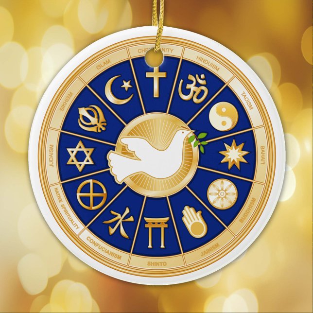 Ornamento De Cerâmica Dove of Peace Ornament (Gold icons of world faiths mandala surround the Dove of Peace, international symbol of harmony. )