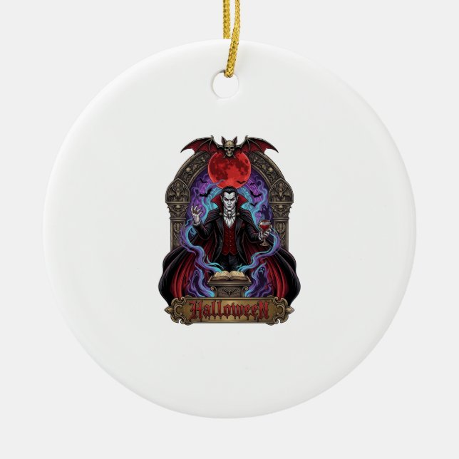 Ornamento De Cerâmica Drácula de Halloween Lua Vermelha Morcegos Caveira (Frente)