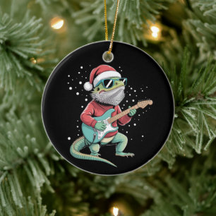 Ornamento De Cerâmica Dragão Barbudo de Natal Tocando Guitarra Músico