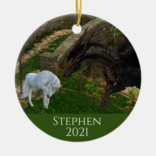 Ornamento De Cerâmica Dragão Conhece Fantasia do Unicórnio (Frente)