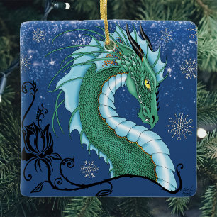 Ornamento De Cerâmica Dragão de Gelo Esmeralda Místico Flocos de Neve Fa